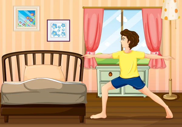 Un hombre haciendo ejercicio en su habitación — Vector de stock