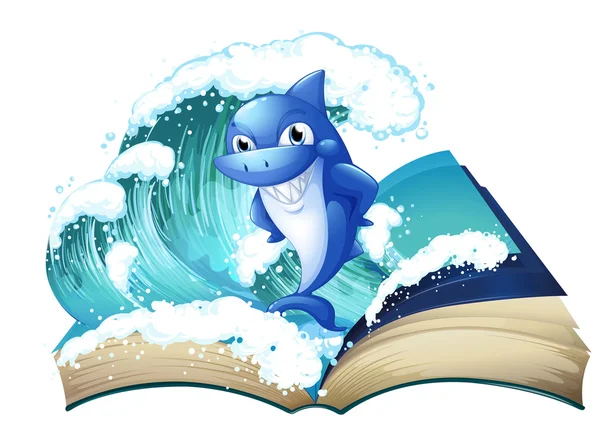 Um livro com uma onda alta e um tubarão grande — Vetor de Stock