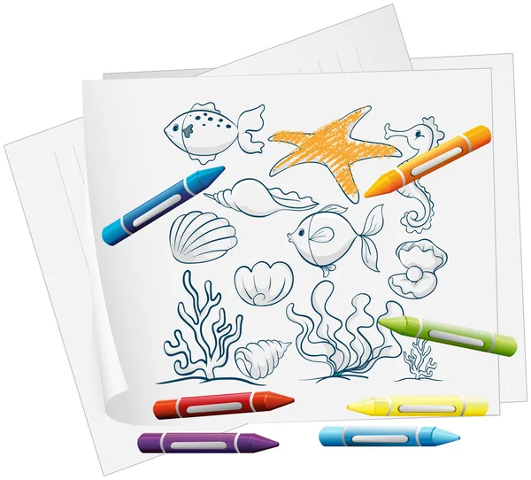 A paper with a doodle design of the different sea creatures — Stock Vector