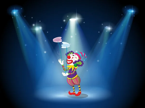 A clown performing on a stage under the spotlights — Stock Vector