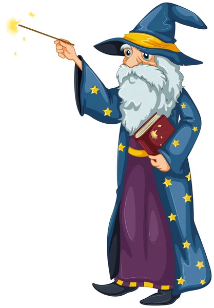 A wizard holding a magic wand and a book — Stock Vector