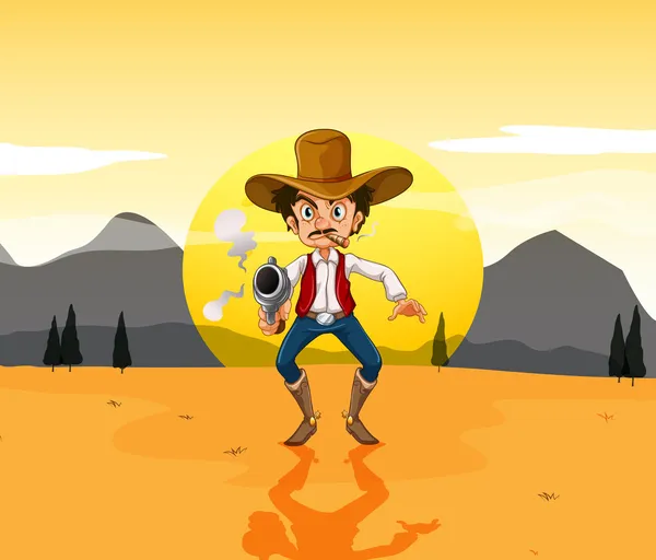 A cowboy holding a gun in the middle of the desert — Stock Vector