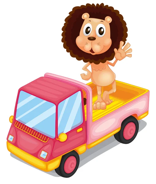 Um caminhão de carga rosa com um leão acenando na parte de trás —  Vetores de Stock