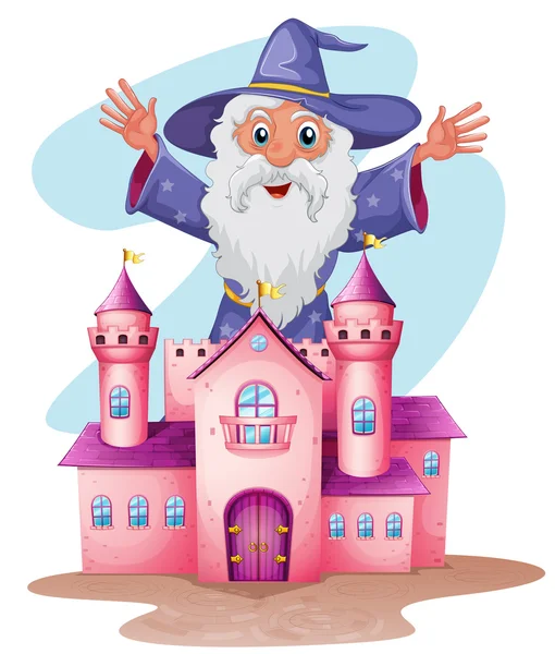 Een roze kasteel met een wizard aan de achterkant — Stockvector