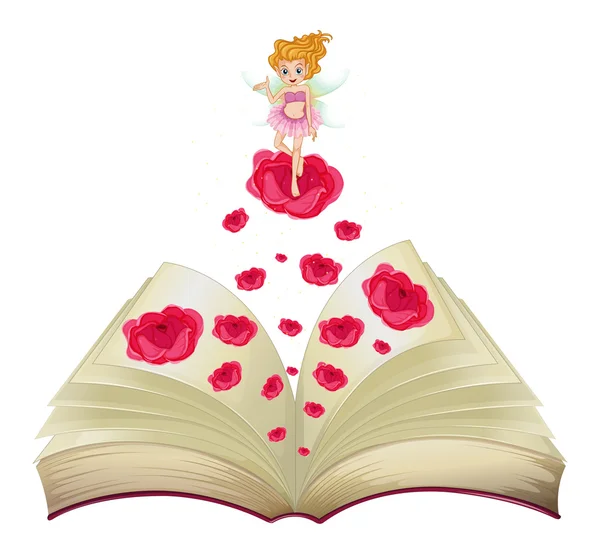 Um livro com uma imagem de uma fada acima de uma grande rosa — Vetor de Stock