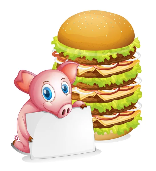 Um porco segurando um papel vazio ao lado de uma pilha de hambúrgueres — Vetor de Stock