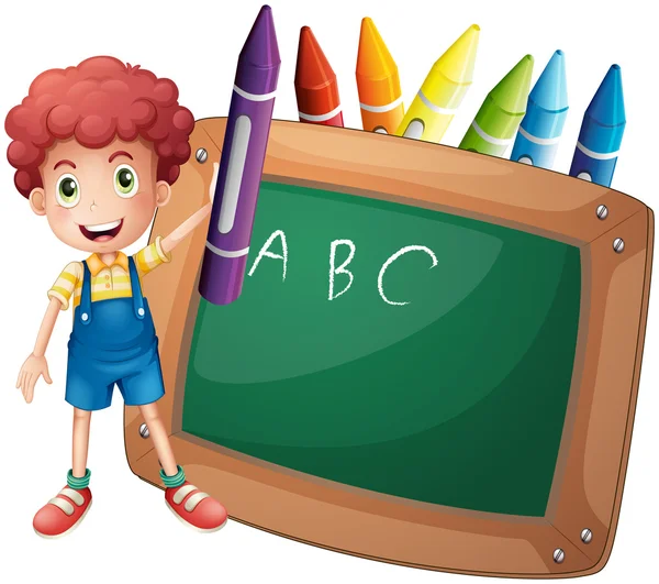 A little boy holding a big violet crayon near the blackboard — Stock Vector