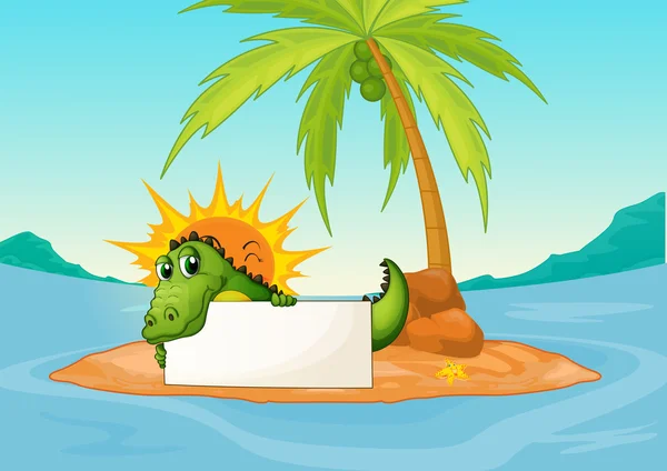 A crocodile holding an empty signboard in a small island — Stock Vector