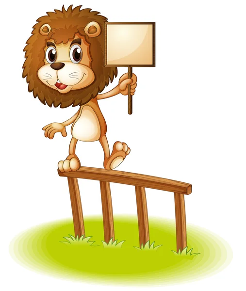 Un leone in piedi su una recinzione di legno con un cartello vuoto — Vettoriale Stock