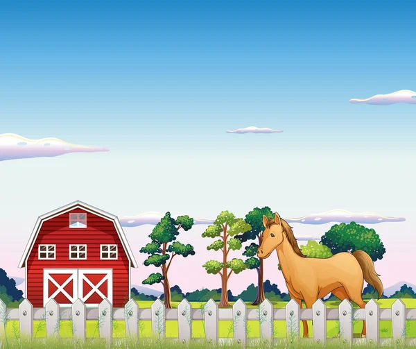 A horse inside the fence with a barn — Stock Vector
