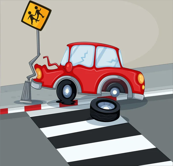 Un coche rojo golpeando la señalización cerca del carril peatonal — Archivo Imágenes Vectoriales