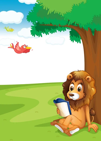 一只狮子，树下读书 — 图库矢量图片
