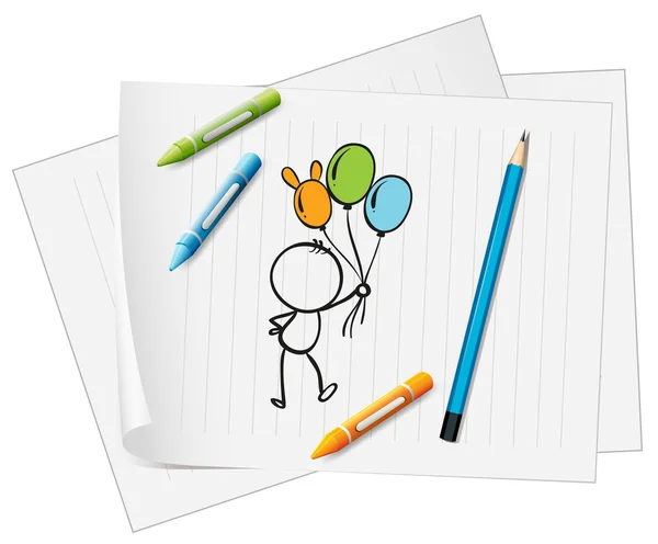A paper with a drawing of a pencil, crayons and a kid with ballo — Stock Vector