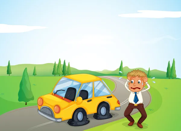 A man beside his yellow car with a flat tire — Stock Vector