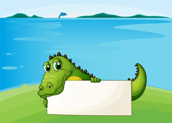 A crocodile holding an empty signboard — Stock Vector
