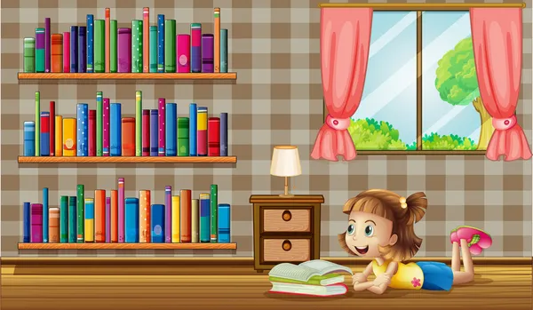 Una chica leyendo libros cerca de la ventana — Vector de stock