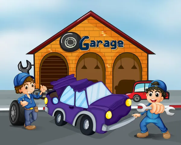 Two boys repairing the violet car Vector Graphics