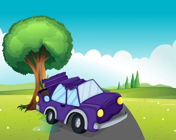 A violet car bumping the big tree at the road — Stock Illustration A violet car bumping the big tree at the road Vector Graphics