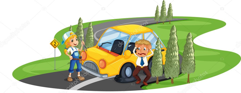 A car accident at the road near the pine trees Vector Graphics