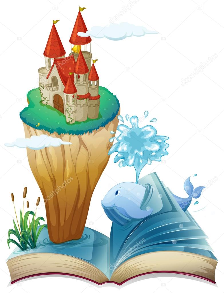 A book with a dolphin and an island with a castle