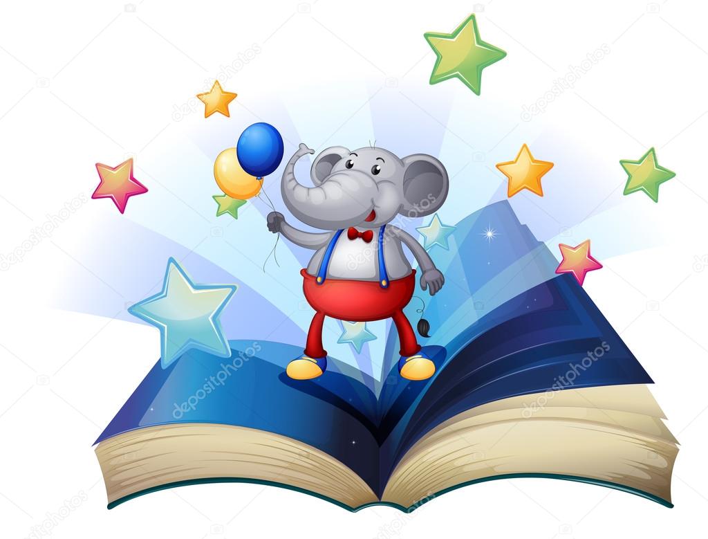A book with an elephant holding two balloons