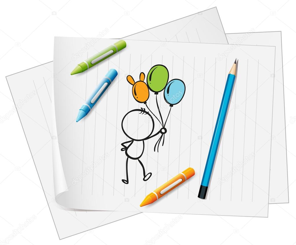 A paper with a drawing of a pencil, crayons and a kid with ballo