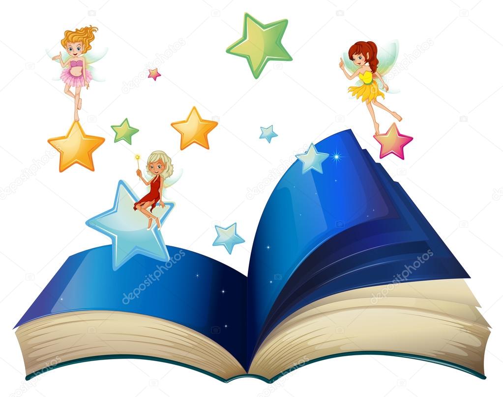 A book with three floating fairies