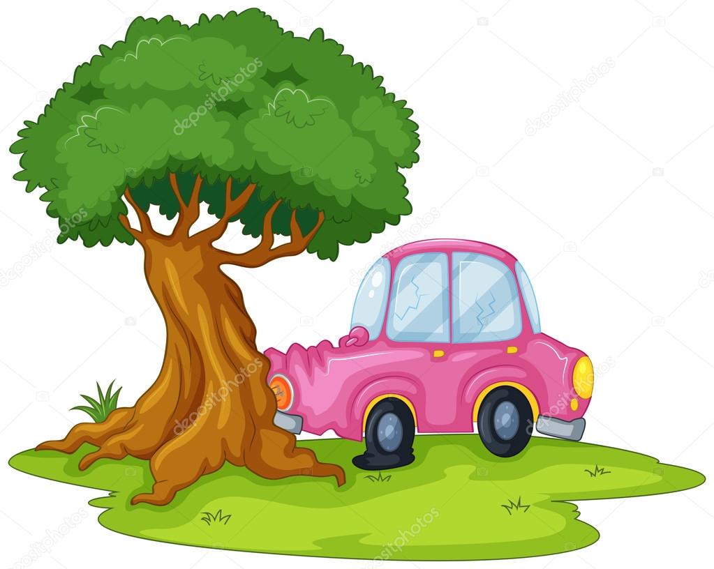 A pink car bumping the giant tree