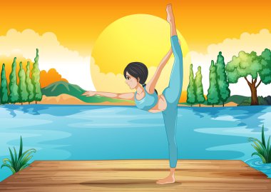 Yoga Nehri boyunca bir günbatımı manzarası içinde gerçekleştiren bir kız