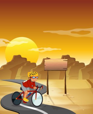 bir motorcu, boş bir tabela ile çöl