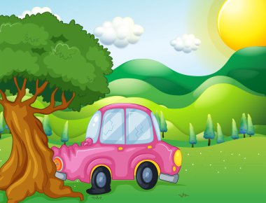 A pink car bumping the big tree clipart