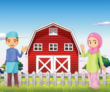 A male and a female muslim in front of a barnhouse clipart