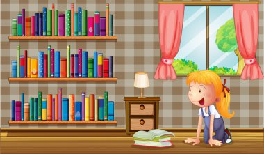 bir kız ile çok sayıda kitap evin içinde