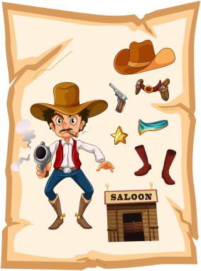 silahlı bir eski kovboy ve bir salon barı olan bir poster