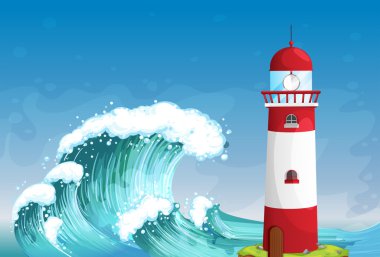 yüksek dalgalar ile denizin ortasında bir deniz feneri