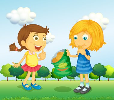 Two girls talking with junkfoods clipart