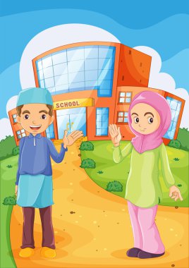 bir erkek ve bir kadın Müslüman bir okul binası önünde