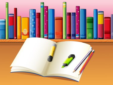 ahşap raf önünde boş bir kitap kitaplar