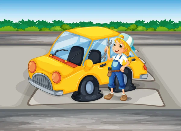 Uma menina segurando uma ferramenta ao lado de um carro com uma roda plana — Vetor de Stock