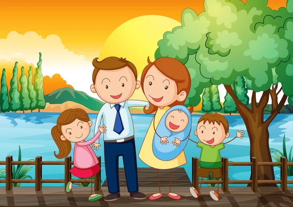 A happy family at the wooden bridge — Stock Vector