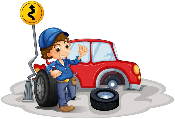 A boy fixing a red car — Stock Vector