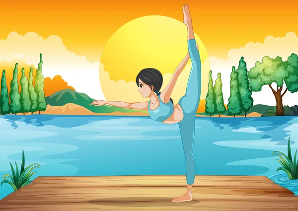 A girl performing yoga along the river in a sunset scenery — Stock Vector