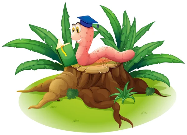 A worm reading at the top of a stump — Stock Vector