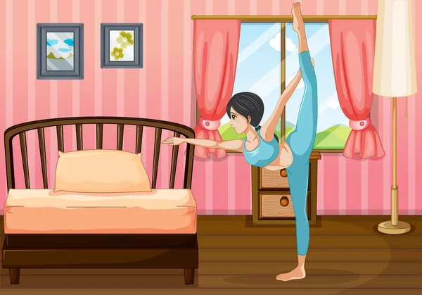 Uma menina se exercitando dentro de seu quarto — Vetor de Stock
