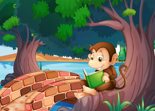 Обезьяна читает книгу под большим деревом возле моста — стоковый вектор