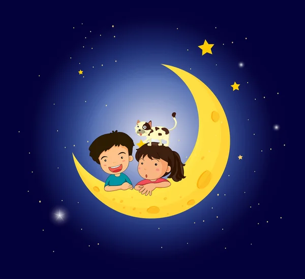 Enfants sur la lune avec un chat — Image vectorielle