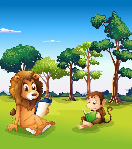 A monkey and a lion reading books — Stock Vector