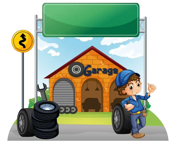 A boy standing beside a wheel outside the garage — Stock Vector