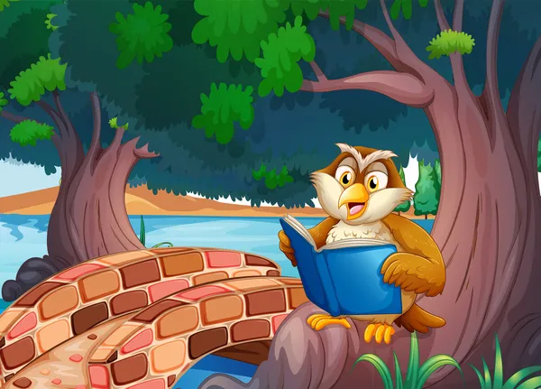Uma coruja lendo um livro debaixo da árvore perto da ponte —  Vetores de Stock