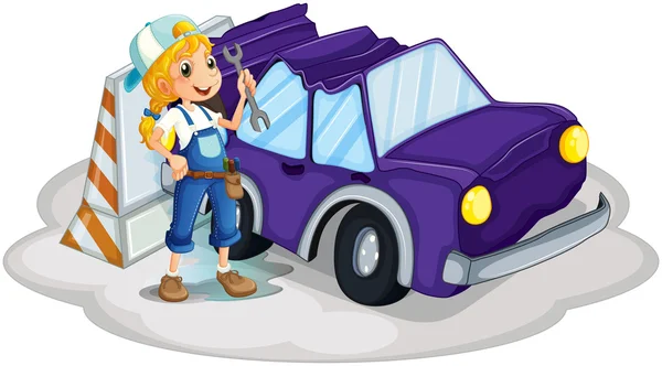 A girl fixing the broken violet car — Stock Vector